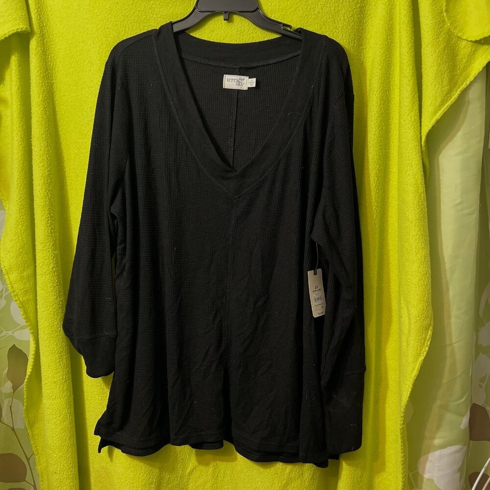 Terra & Sky Black Plus Waffle V-Neck Long Sleeve Tee Sz 2xl 20w-22w NWT
